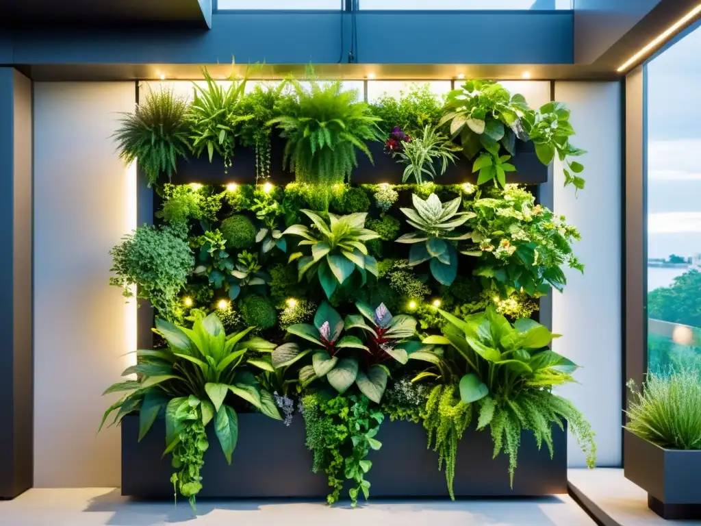 Un exuberante jardín vertical con plantas vibrantes iluminado por luz natural