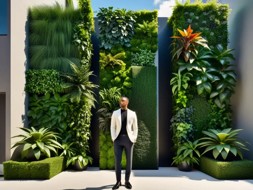 Un exuberante jardín vertical con plantas vibrantes en un diseño geométrico, aportando beneficios terapéuticos huertos verticales