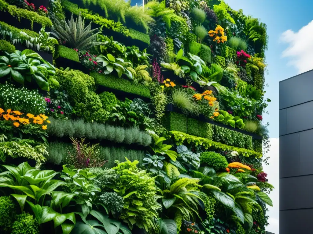 Un exuberante jardín vertical próspero en la ciudad, simbolizando el éxito de la agricultura urbana