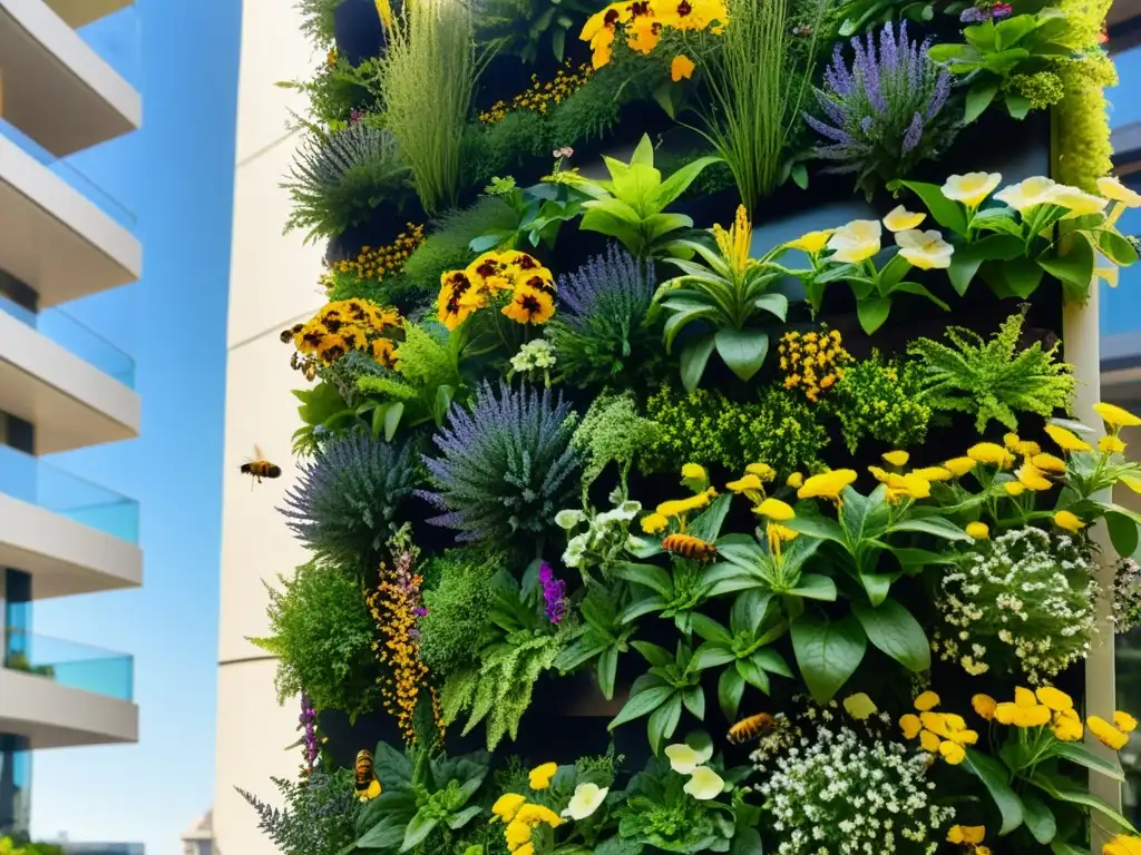 Un exuberante jardín vertical rebosante de vida y biodiversidad, un ejemplo de la importancia de la biodiversidad en huertos verticales