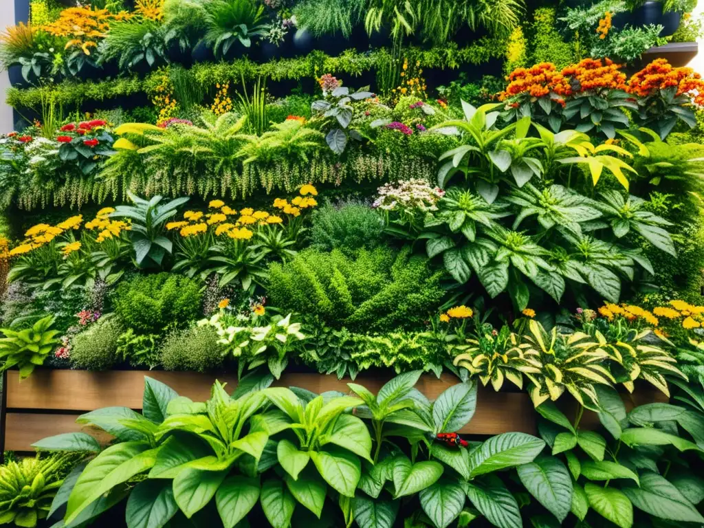 Un exuberante jardín vertical rebosante de vida, con soluciones naturales de control biológico de plagas