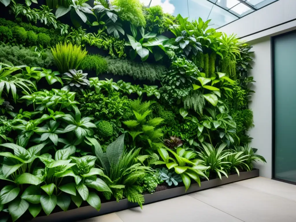 Un exuberante jardín vertical, repleto de plantas vibrantes y saludables, bañado en suave luz natural