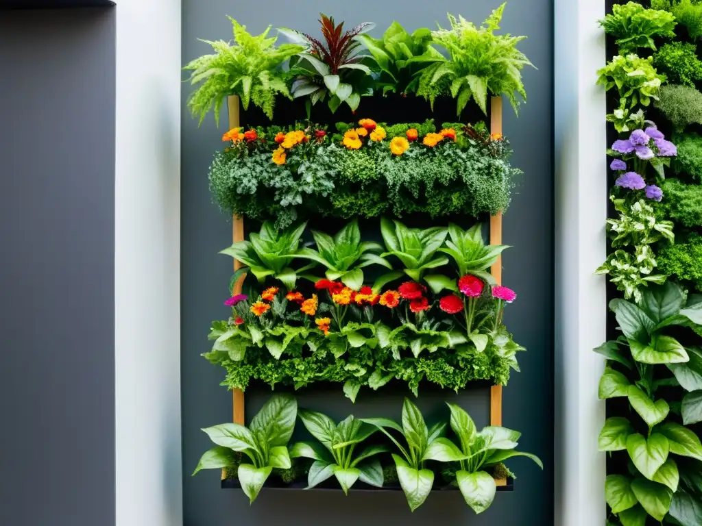 Un exuberante jardín vertical repleto de vegetales, hierbas y flores coloridas, muestra el potencial del curso cultivo hortalizas sistemas verticales