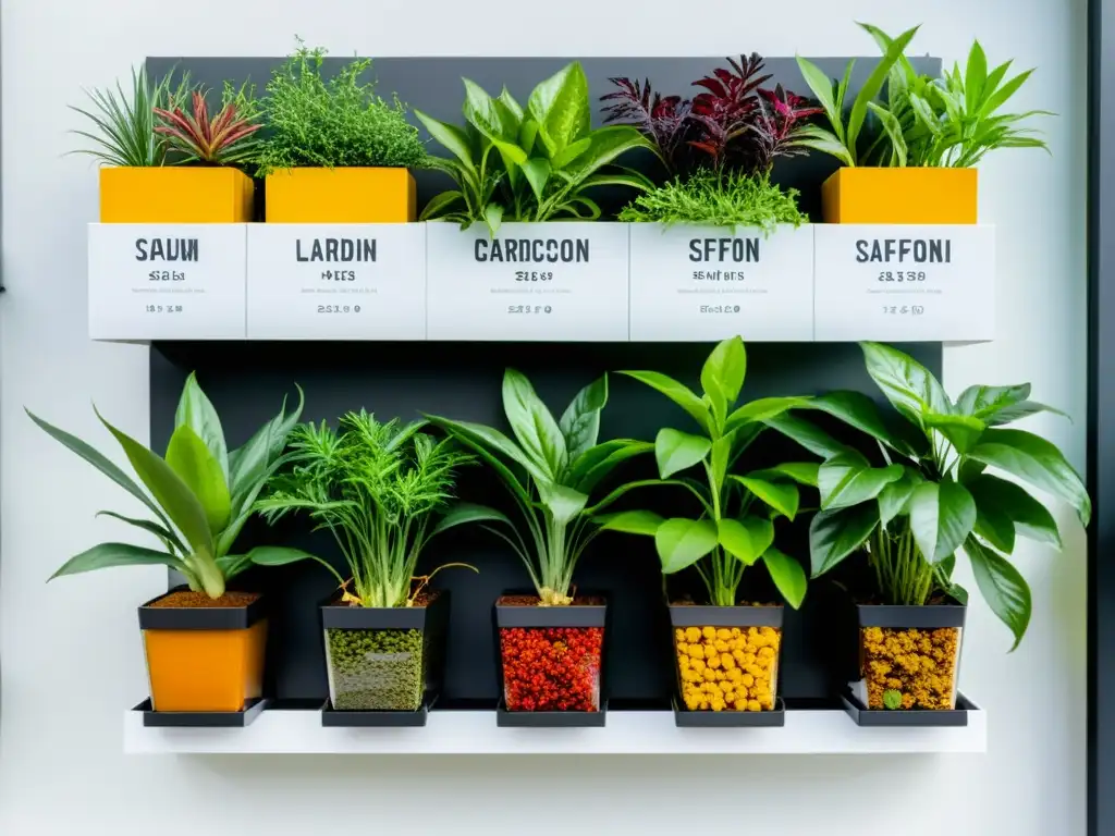 Un exuberante jardín vertical temático de especias exóticas con plantas vibrantes y carteles minimalistas