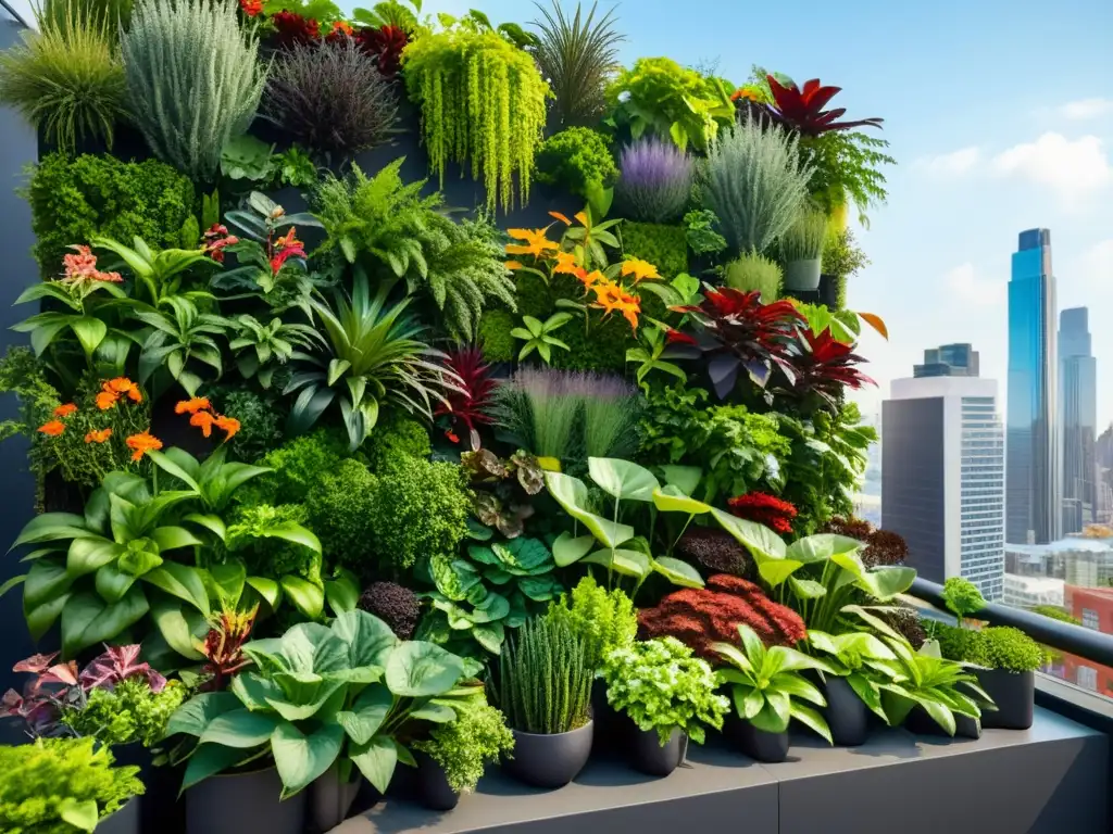 Un exuberante jardín vertical urbano, con diversidad de plantas y texturas, contrastando con el bullicio de la ciudad