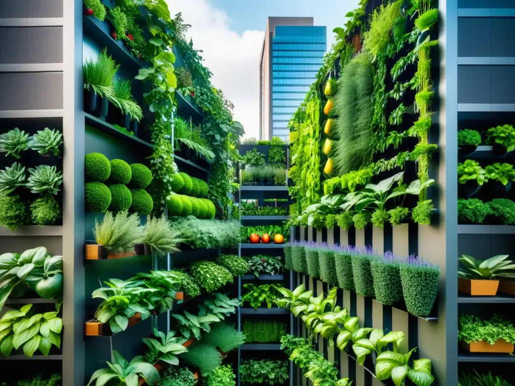 Exuberante jardín vertical urbano con frutas, verduras y hierbas vibrantes