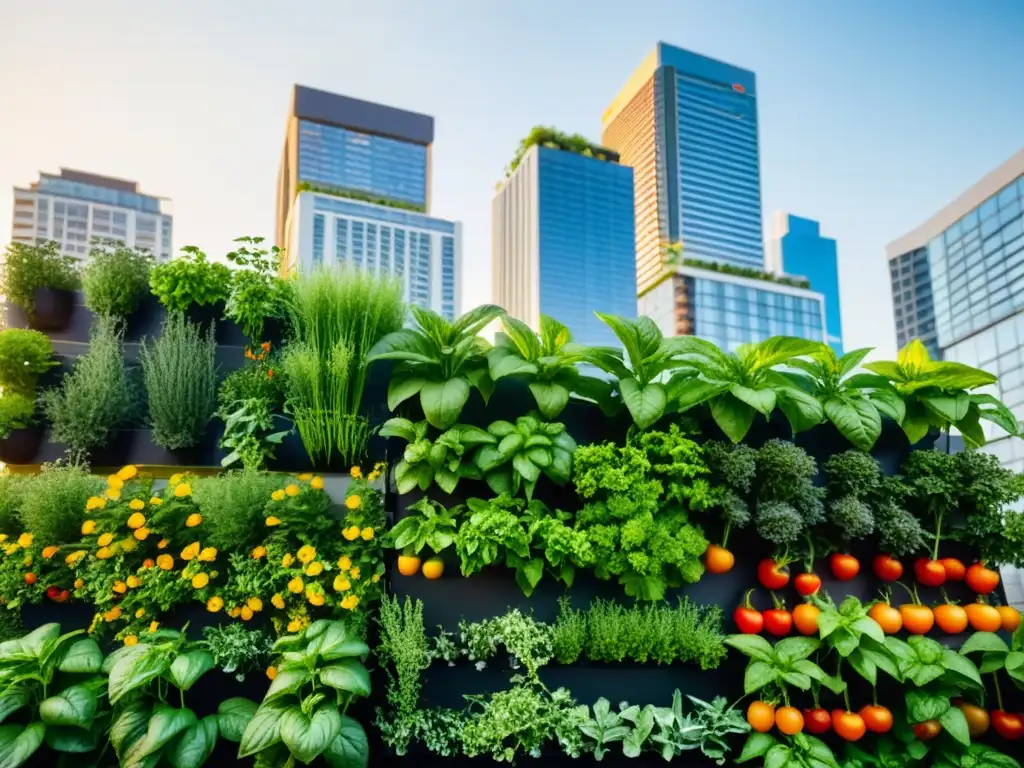 Un exuberante jardín vertical urbano con hierbas, hortalizas y flores, bañado en cálido sol dorado