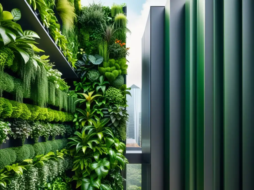 Un exuberante jardín vertical urbano iluminado por suave luz natural, muestra la innovación y sustentabilidad de los huertos verticales