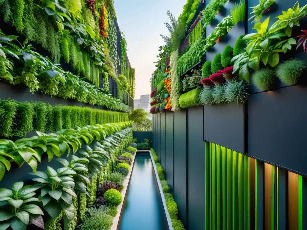 Un exuberante jardín vertical urbano lleno de plantas comestibles en muros verdes comestibles urbanos