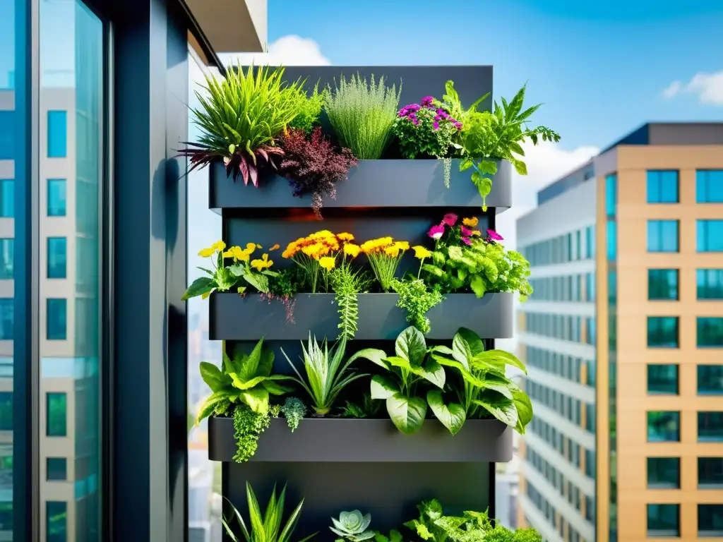 Un exuberante jardín vertical urbano con las mejores plantas huerto vertical urbano, integrando la naturaleza en la ciudad