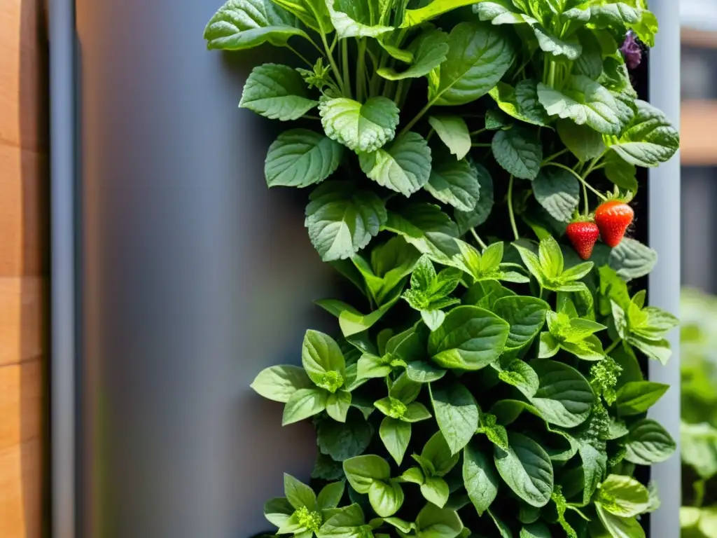 Un exuberante jardín vertical urbano con las mejores plantas huerto vertical urbano, bañadas por la luz del sol y gotas de agua