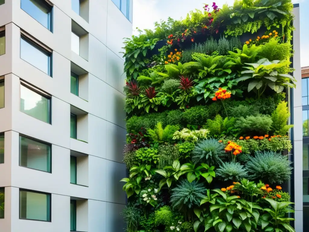 Un exuberante jardín vertical urbano, un microclima sostenible con plantas variadas y abejas