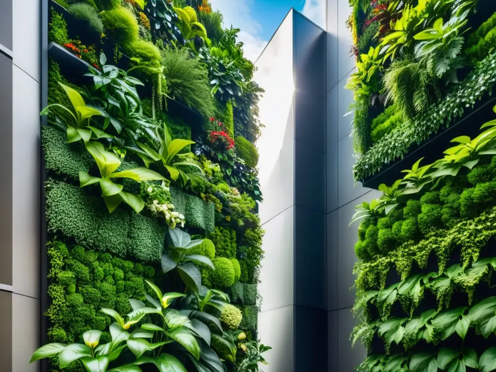 Un exuberante jardín vertical urbano, con plantas verdes vibrantes y arquitectura moderna