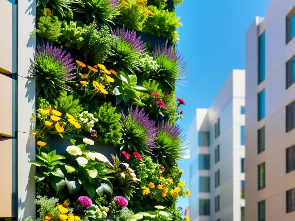 Exuberante jardín vertical urbano con polinizadores en armonía con la ciudad