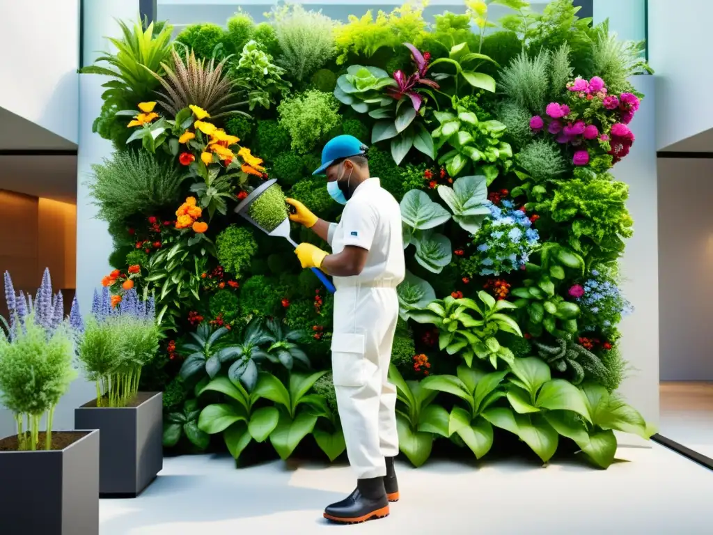 Un exuberante jardín vertical urbano con prevención botritis huertos verticales, cuidado por un jardinero profesional con guantes protectores y herramientas especializadas