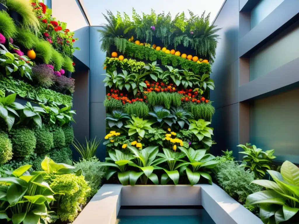 Un exuberante jardín vertical urbano con una variedad de frutas, verduras y hierbas, iluminado por el sol