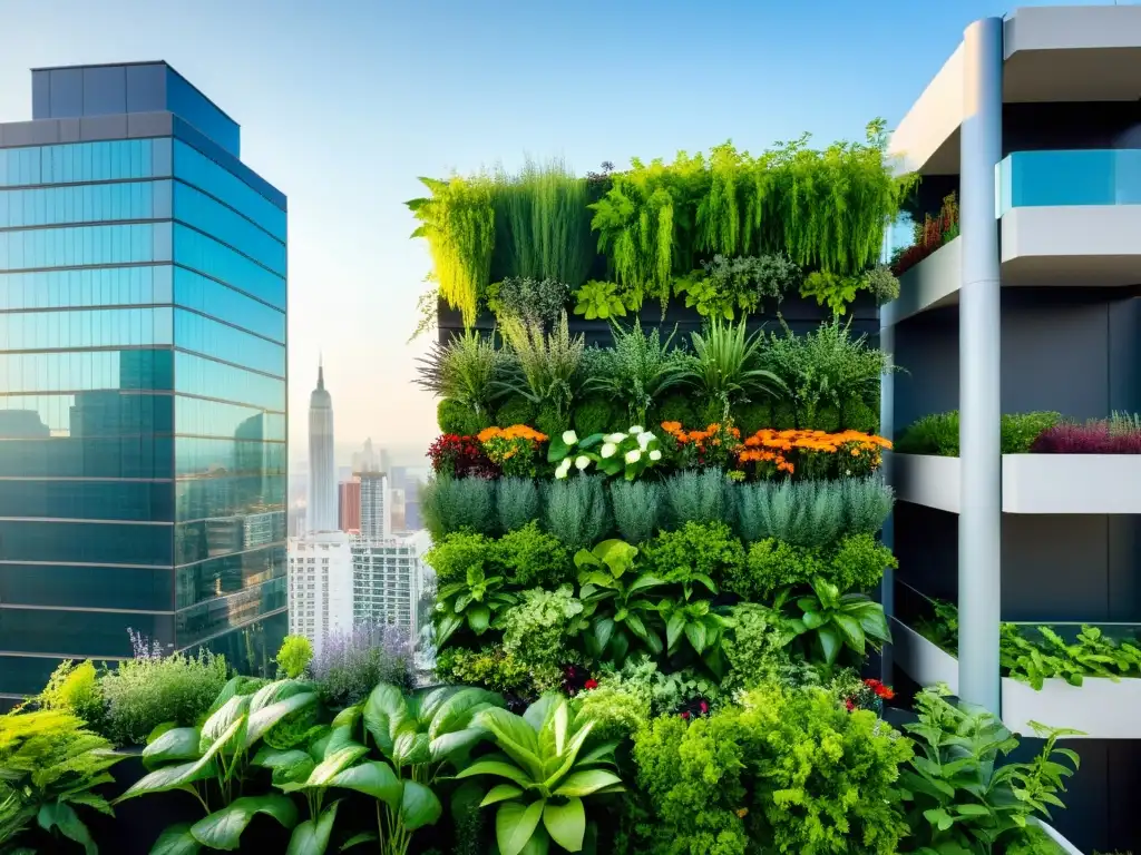 Un exuberante jardín vertical urbano con una variedad de hierbas, vegetales y flores organizados en filas