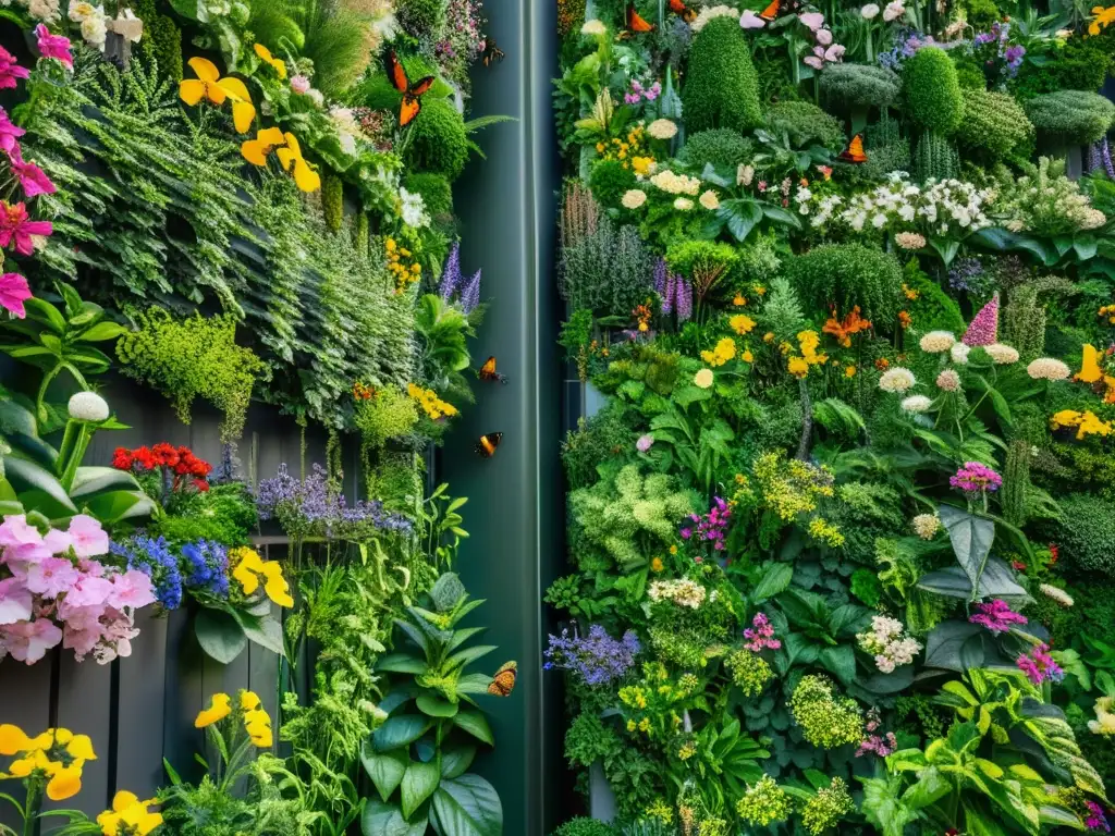 Un exuberante jardín vertical urbano muestra la vital polinización por abejas, mariposas y colibríes