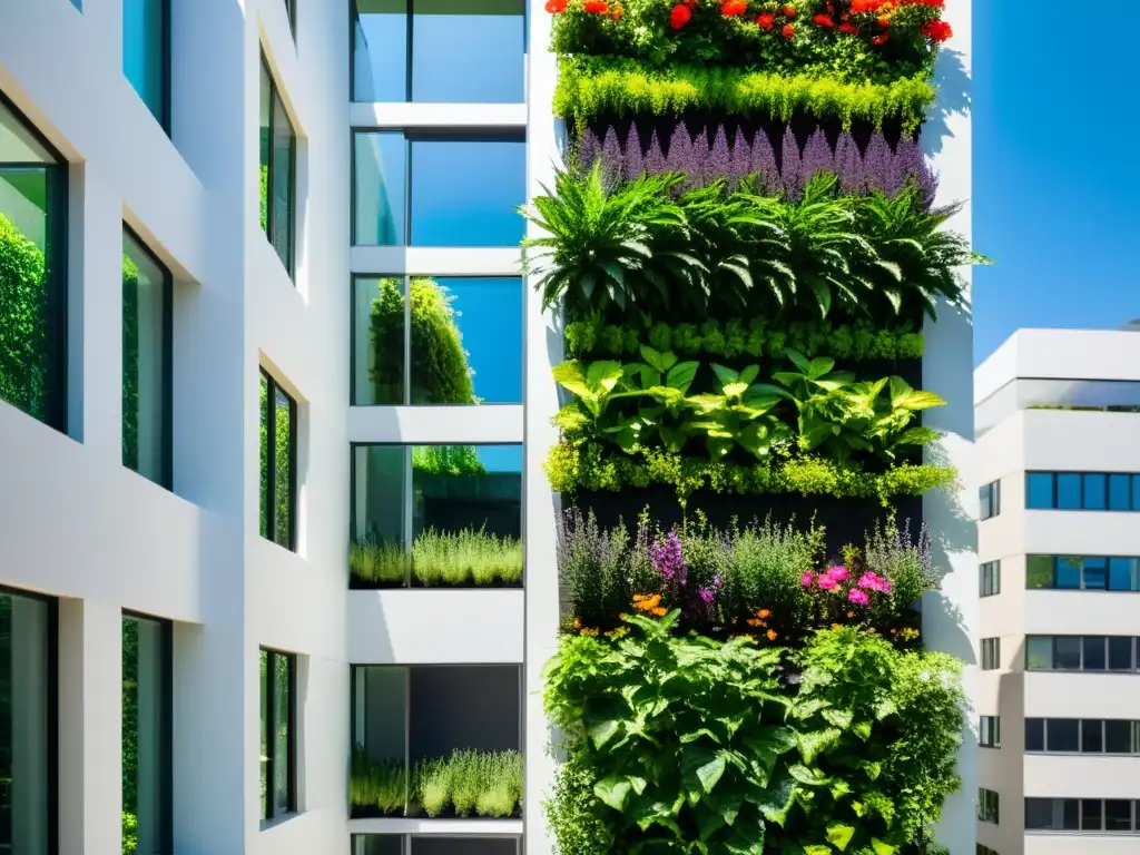 Un exuberante jardín vertical con vegetación vibrante y flores coloridas en un edificio moderno