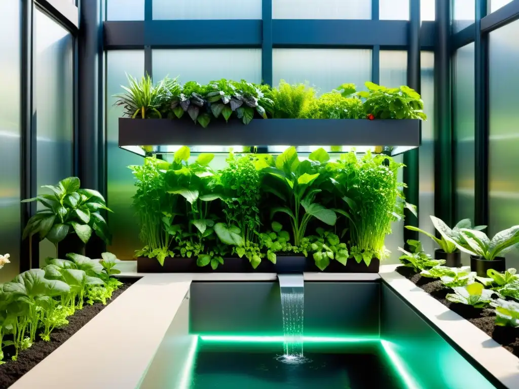 Un jardín acuapónico exuberante y vibrante con las mejores plantas para huerto acuapónico, en armonía perfecta entre naturaleza y tecnología