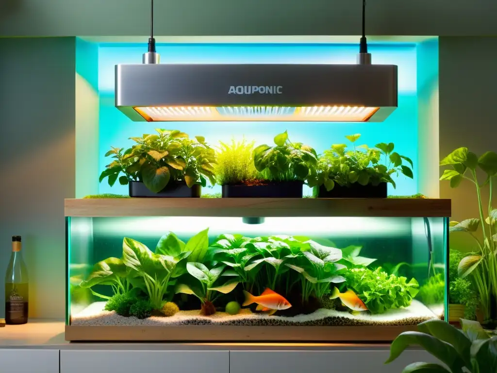 Jardín acuapónico orgánico: belleza sostenible en casa Una exuberante y vibrante acuaponía orgánica en casa llena de vida, con plantas verdes y hierbas prosperando en el agua rica en nutrientes