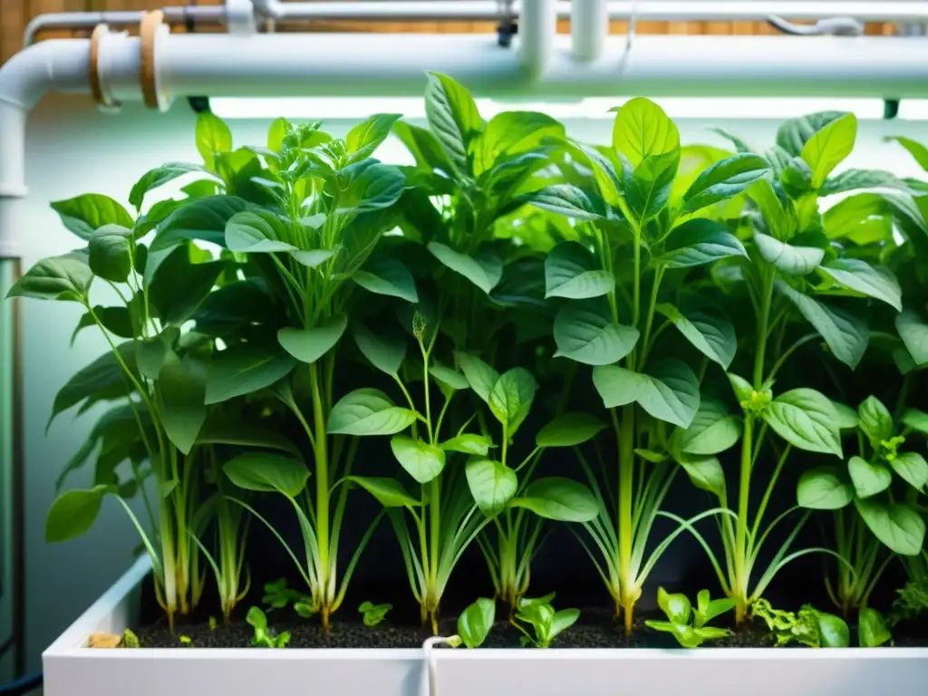 Un jardín acuapónico exuberante y vibrante, con peces saludables y plantas enredadas