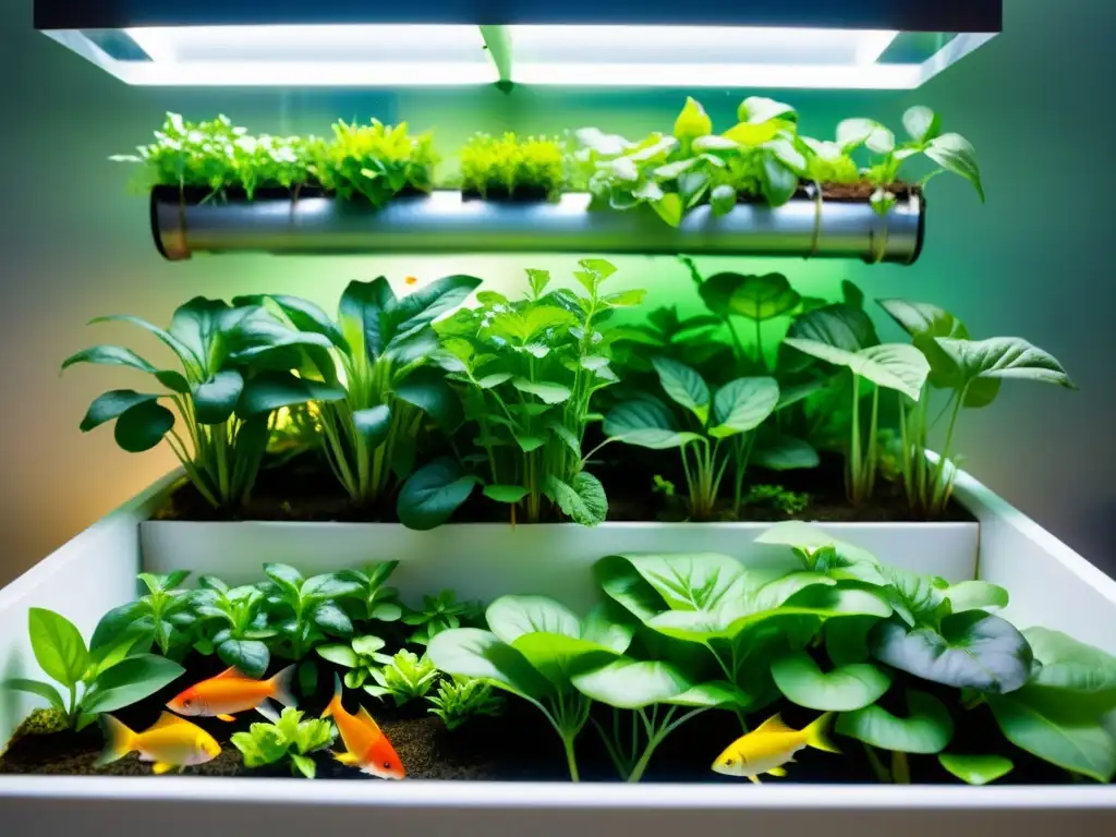 Un jardín acuapónico exuberante y vibrante, con vegetales verdes y peces coloridos en agua cristalina