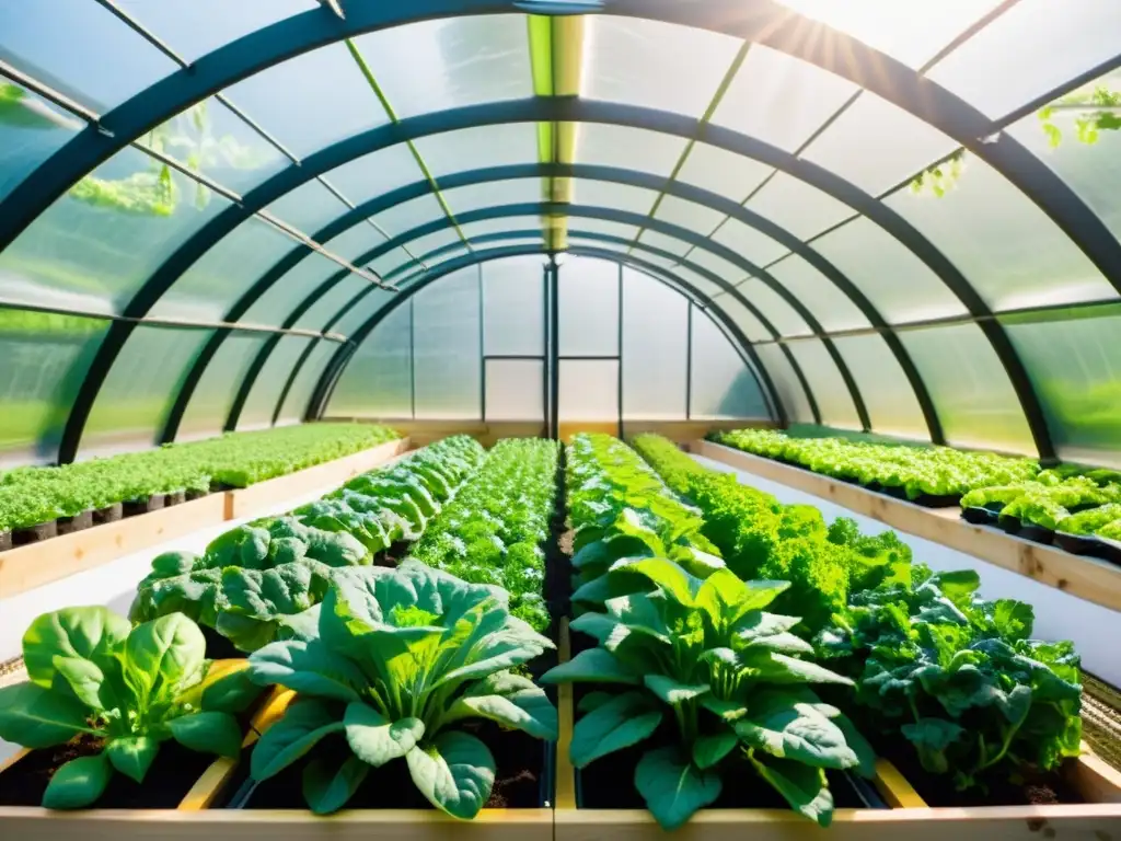 Un jardín acuapónico exuberante y vibrante, con verduras de hojas verdes como kale, espinacas y lechugas