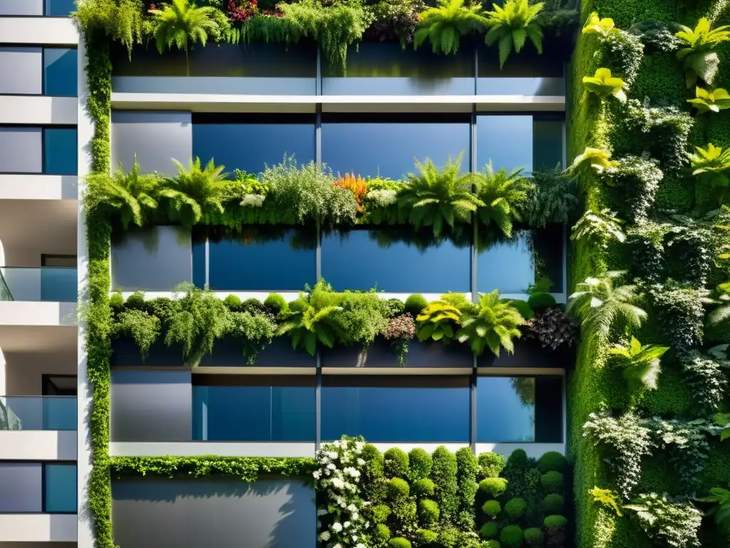 Una fachada urbana con huertos verticales exuberantes y modernos, donde la naturaleza y el diseño se integran armoniosamente en la ciudad