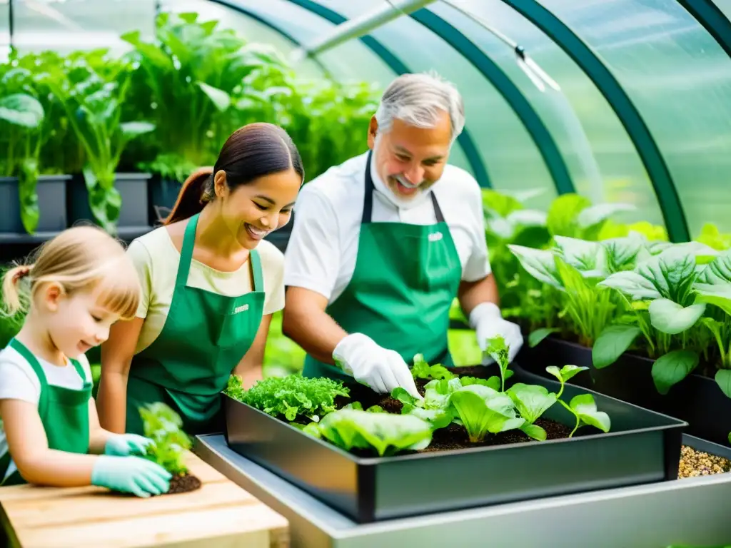 Una familia cuida con entusiasmo su jardín acuapónico, compartiendo un momento armonioso