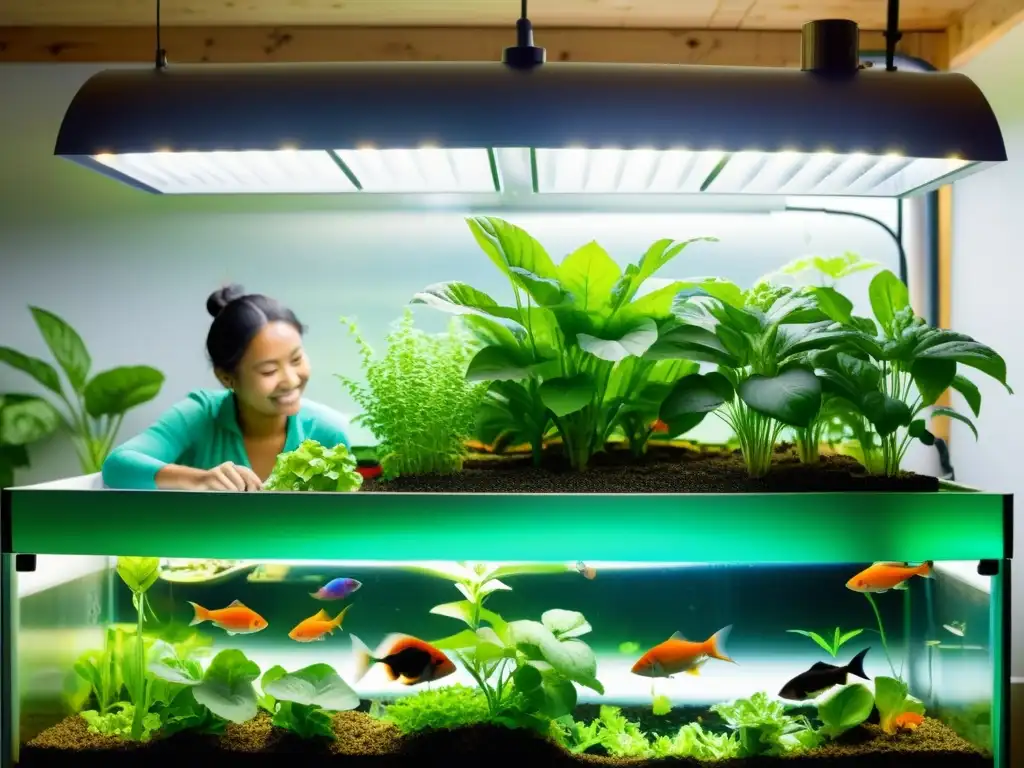 'Familia disfrutando de un evento de acuaponía en un jardín verde, con peces y plantas, rodeados de tecnología innovadora