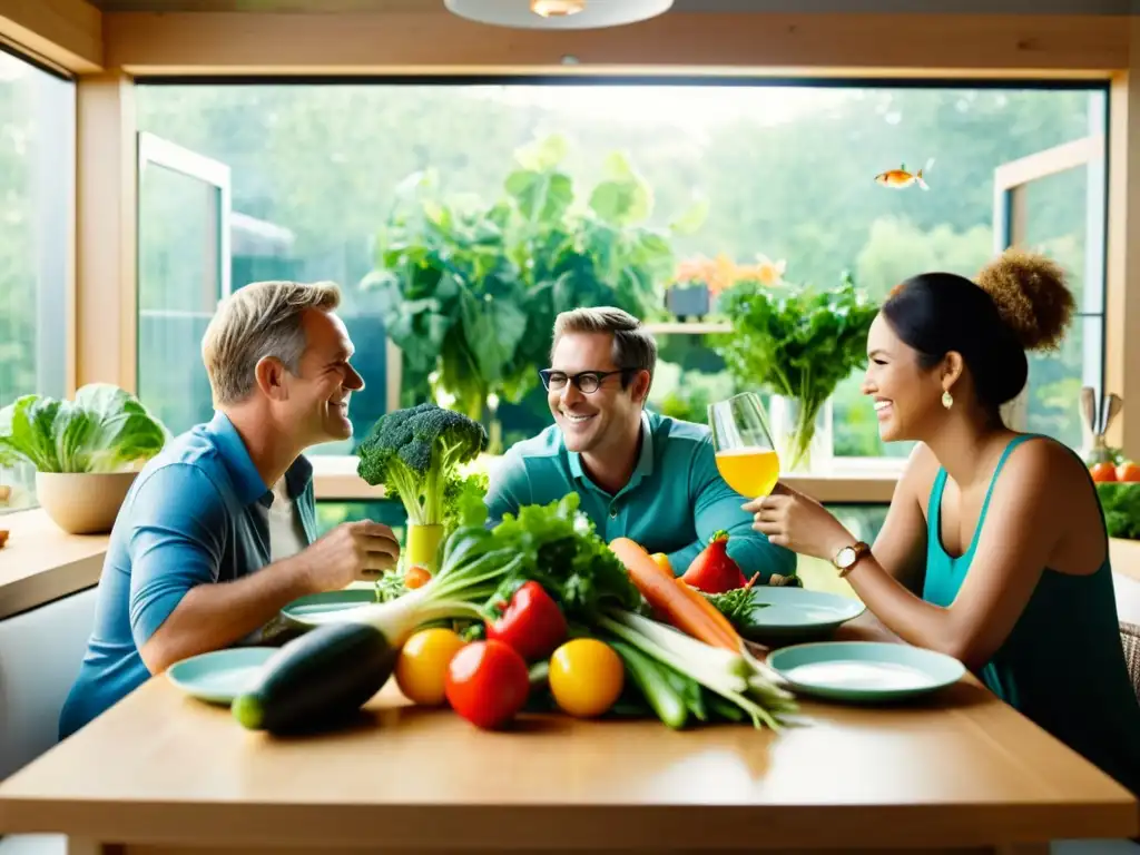 Una familia moderna disfruta de una comida casera con vegetales y pescado frescos cultivados mediante acuaponía