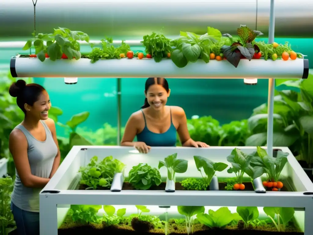 Una familia sonriente cosecha vegetales y peces del sistema de acuaponía moderno