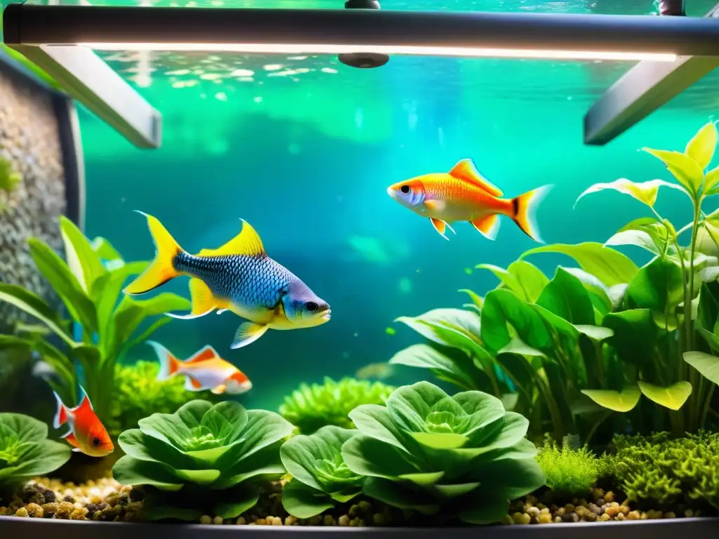 Un fascinante acuario de acuaponía muestra una variedad de peces coloridos nadando entre exuberantes plantas verdes