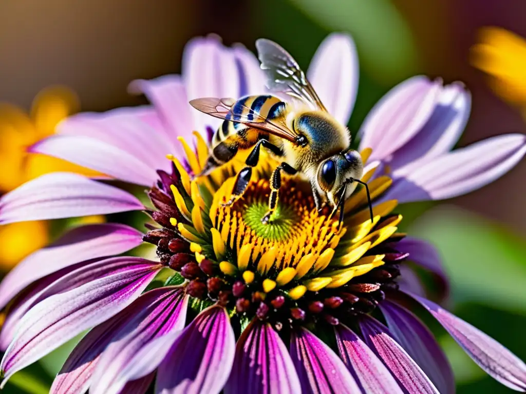 Un fascinante retrato de una abeja cubierta de polen sobre una flor de equinácea morada y amarilla