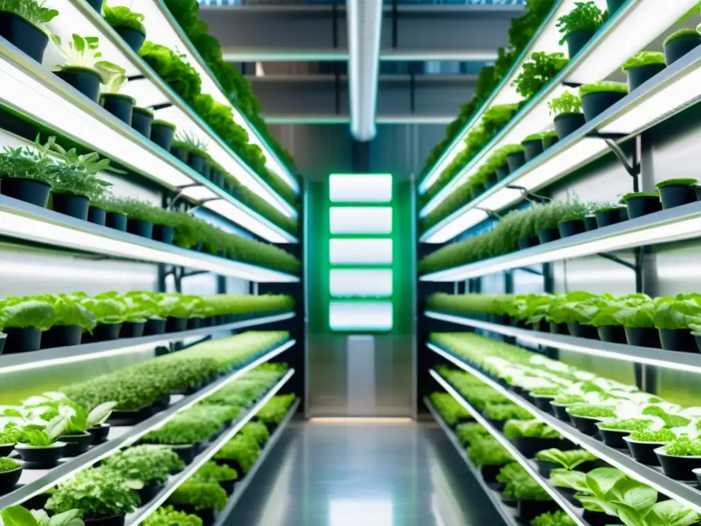 Un fascinante sistema de agricultura vertical urbana con verduras y hierbas vibrantes en un entorno moderno