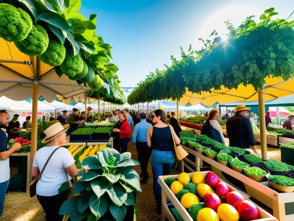 En la feria agrícola, la promoción de huertos verticales brilla con innovación y coloridos productos, mientras los visitantes intercambian ideas con apasionados vendedores