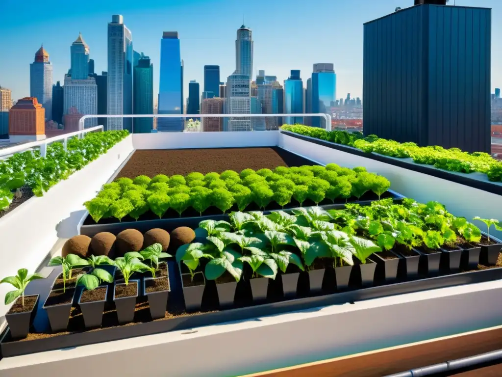 Fertilizantes orgánicos para acuaponía urbana aplicados en un jardín en la azotea urbana, con plantas saludables y el horizonte de la ciudad al fondo