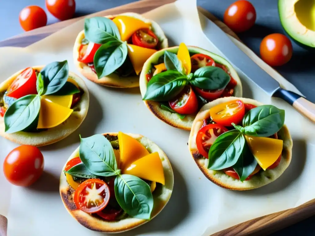 Un festín visual de bocadillos saludables para niños: mini pizzas con vibrantes vegetales, crujiente masa dorada y queso derretido