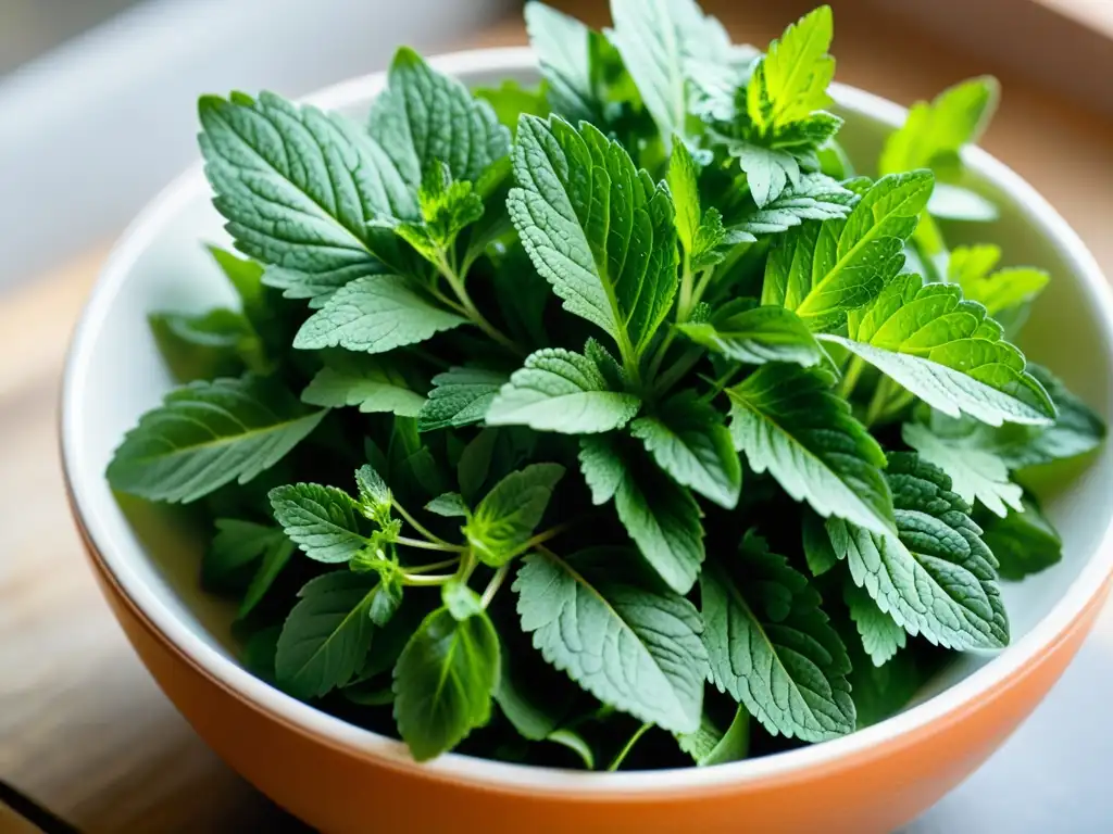 Un festín visual de hojas de perejil y menta fresca en un tazón, perfecto para tu receta tabulé perejil menta frescos