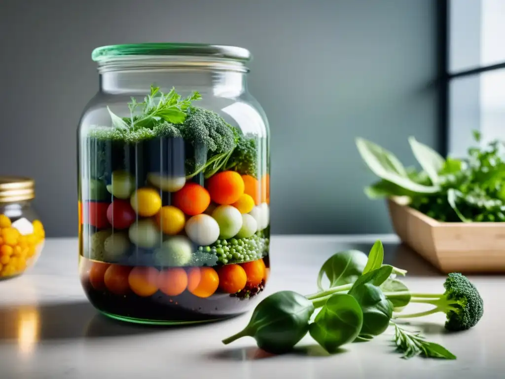 Un frasco de cristal con vegetales y hierbas coloridos en un counter de cocina moderno, con burbujas de fermentación