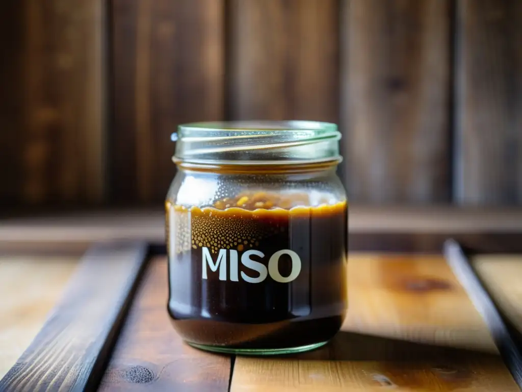 Un frasco de miso casero con soja fermentada en un entorno rústico y luz natural, mostrando su color y textura