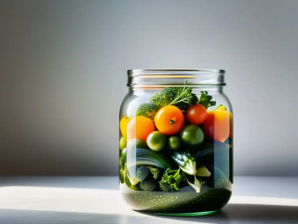 Un frasco moderno exhibe vegetales urbanos fermentados, con colores vibrantes y burbujas, mostrando los beneficios de fermentar vegetales urbanos