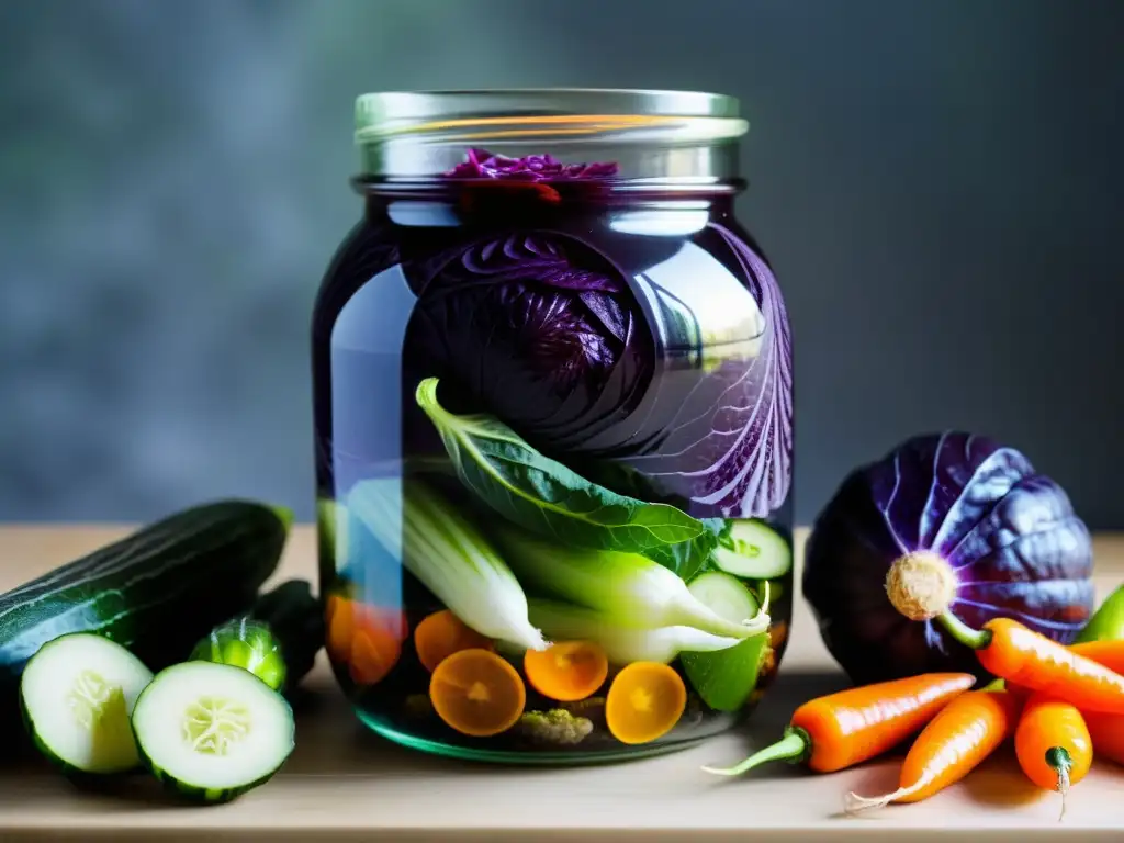 Un frasco transparente muestra una variedad de vegetales fermentados, con col morada, zanahorias naranjas y pepinos verdes, iluminados suavemente