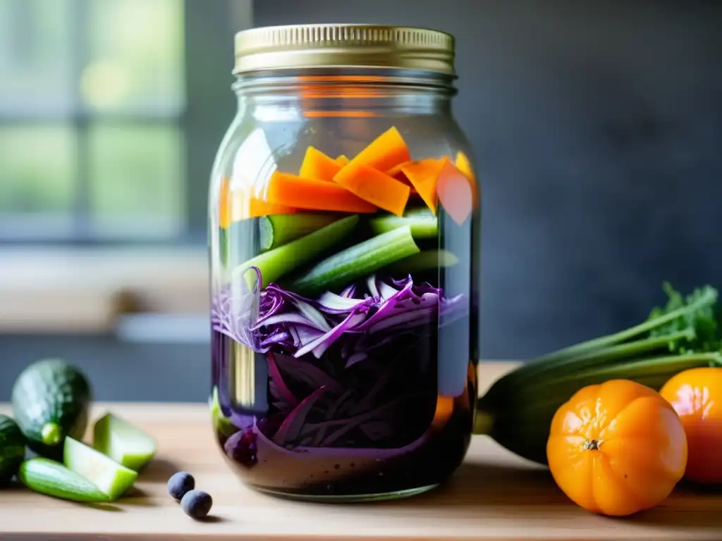 Un frasco de vegetales fermentados en una cocina rústica iluminada por la luz natural