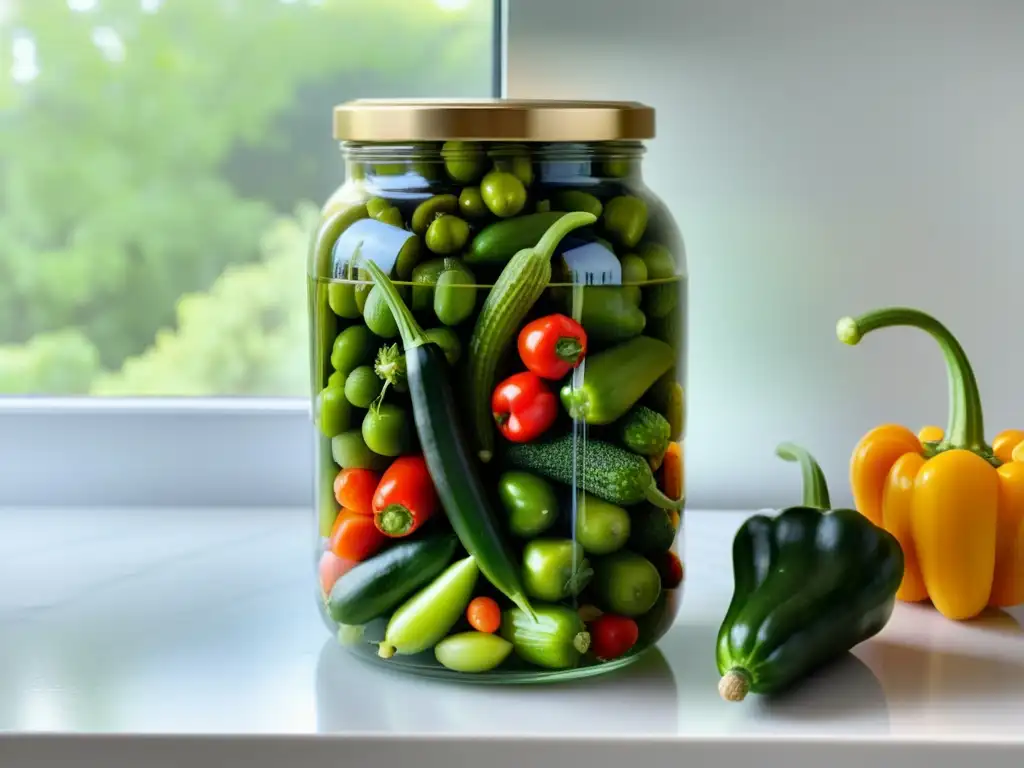 Un frasco de vidrio lleno de verduras encurtidas en tonos verdes vibrantes, exhibe una composición culinaria moderna en una cocina minimalista