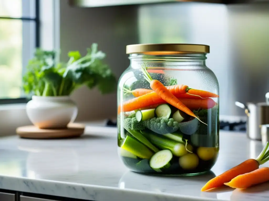 Un frasco de vidrio repleto de vegetales urbanos fermentados con burbujas en la superficie