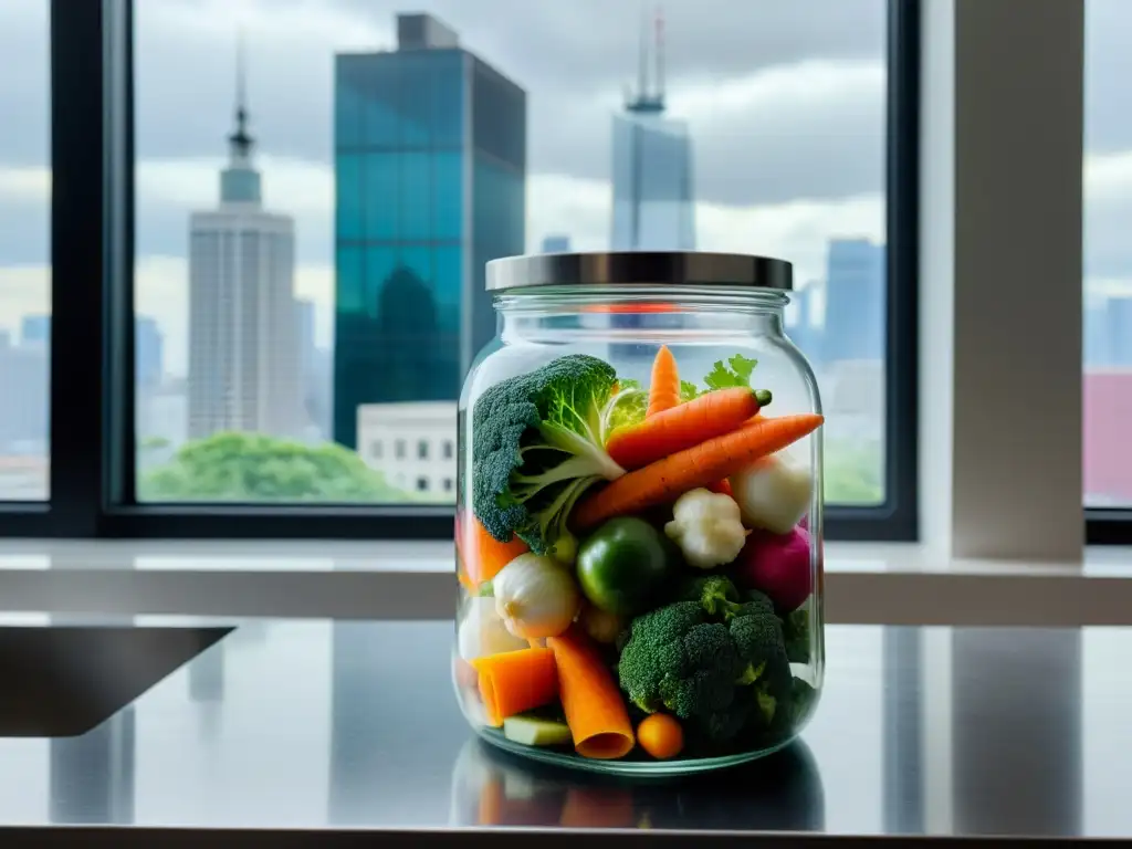 Un frasco de vidrio con vegetales coloridos en una cocina urbana, representando la fermentación de vegetales en espacios reducidos