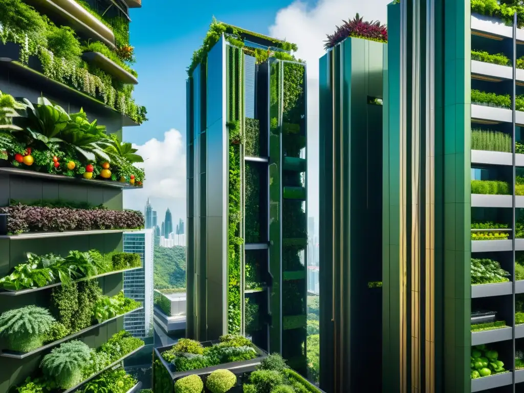 Futurista paisaje urbano con huertos verticales de técnicas avanzadas