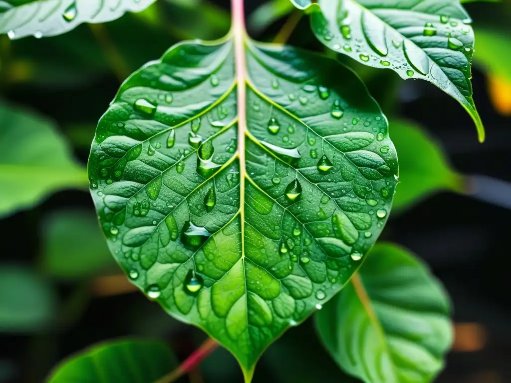 Gotas de agua brillando en hojas verdes, reflejando la luz